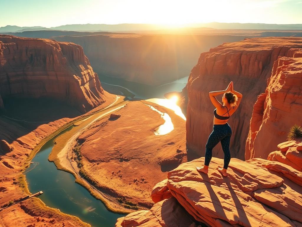 Woman doing yoga on a canyon cliff